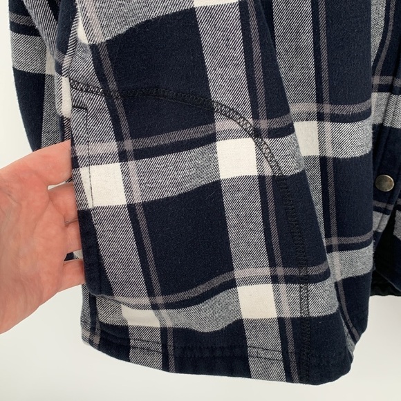 Orvis Fleece lined shirt top shacket navy blue white plaid warm Snap pockets XXL - Picture 4 of 5